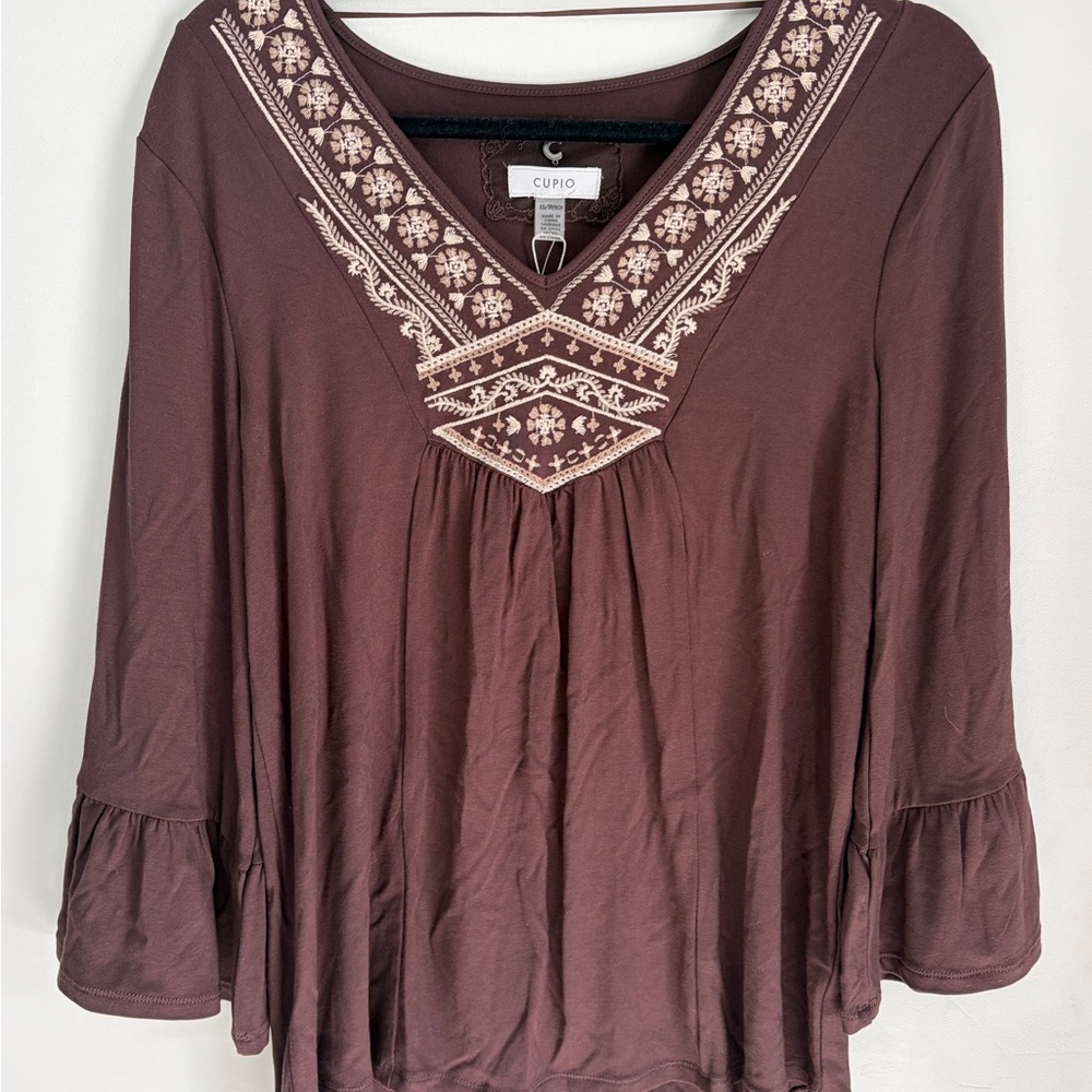 Cupio Women's Chocolate Embroidered Boho Revival Evo Asthetic Bell Sleeve Blouse